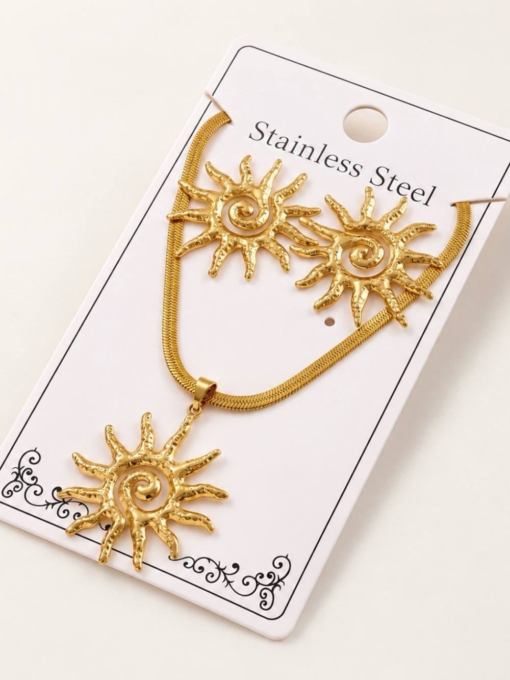 Gold Sunburst Pendant Necklace and Earring Set - Stainless Steel